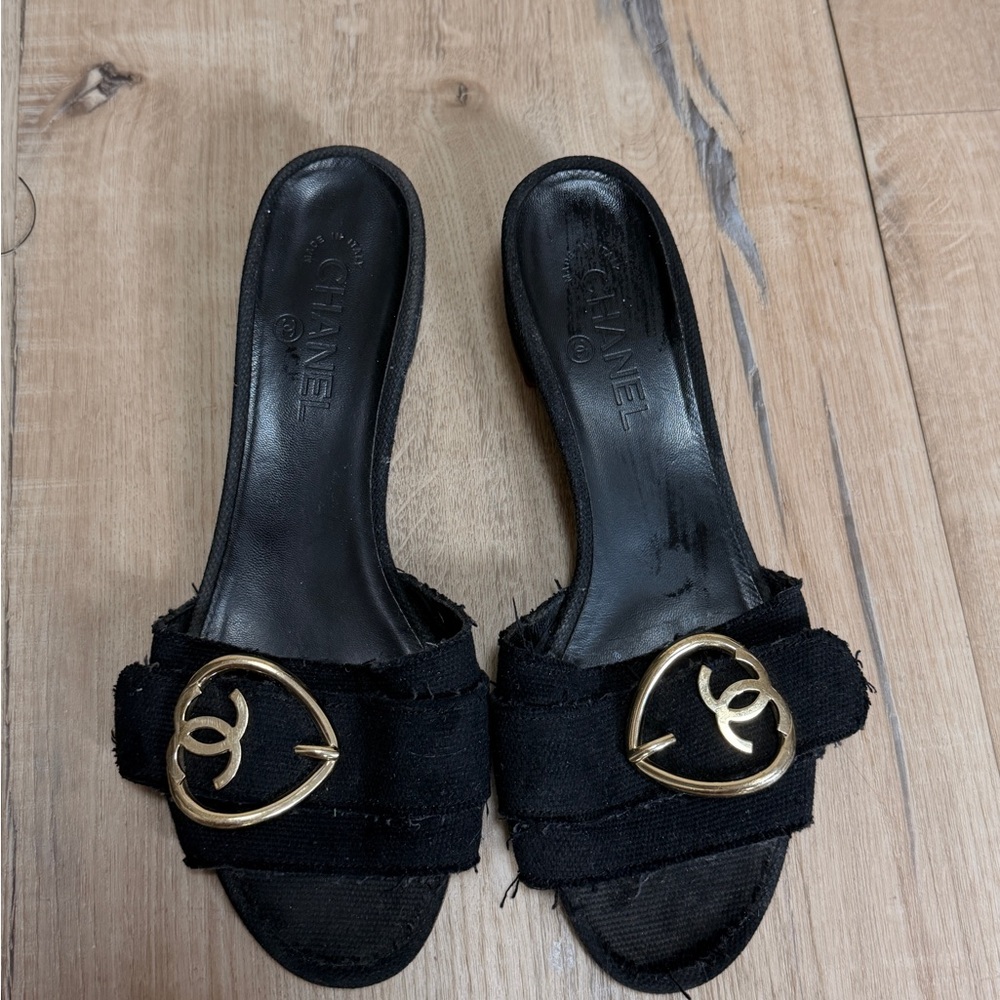 Chanel Black Slide Sandals with Gold heart